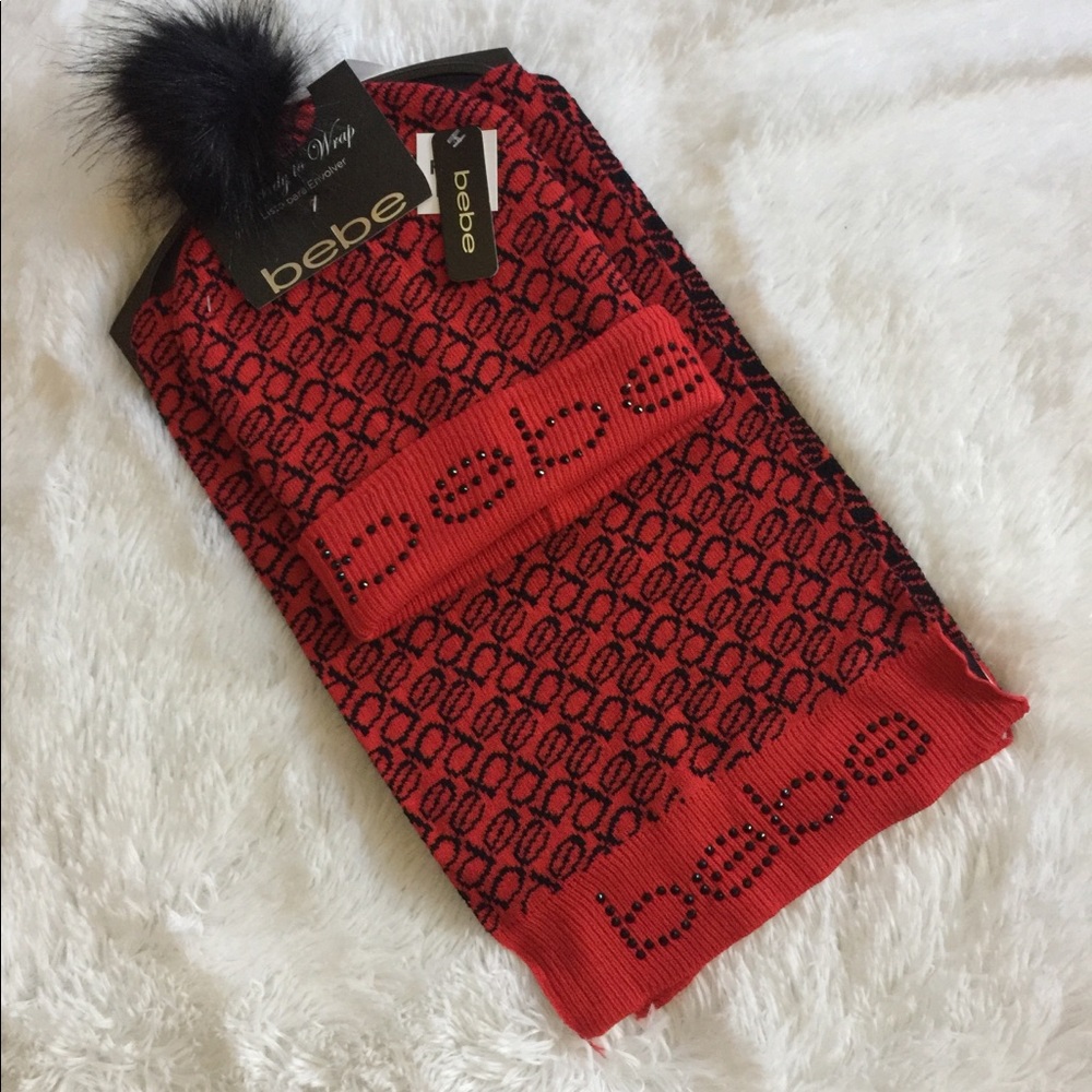 BEBE Pom Pom Stocking Hat & Scarf Logo Print Set